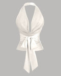 Party Halter Neck Draped Slim Fit Satin Top in White