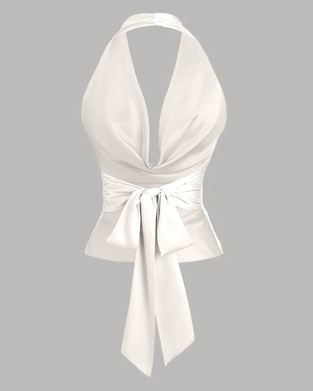 Party Halter Neck Draped Slim Fit Satin Top in White