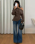 Party Off Shoulder Long Sleeve Fitted Top in Brown
