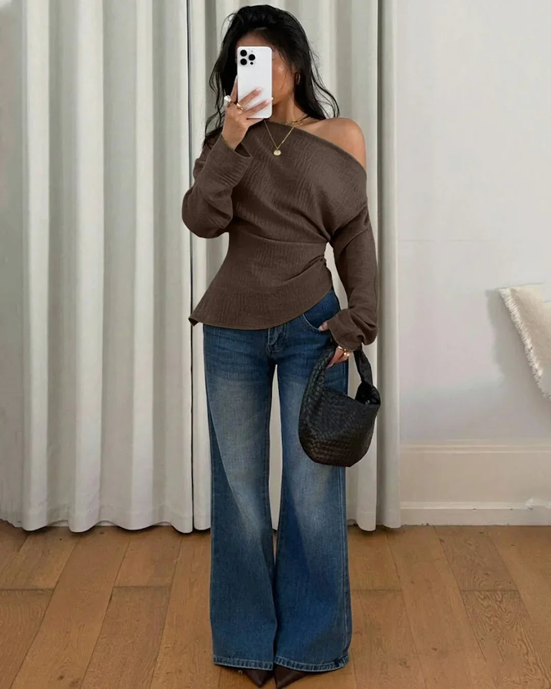 Party Off Shoulder Long Sleeve Fitted Top in Brown