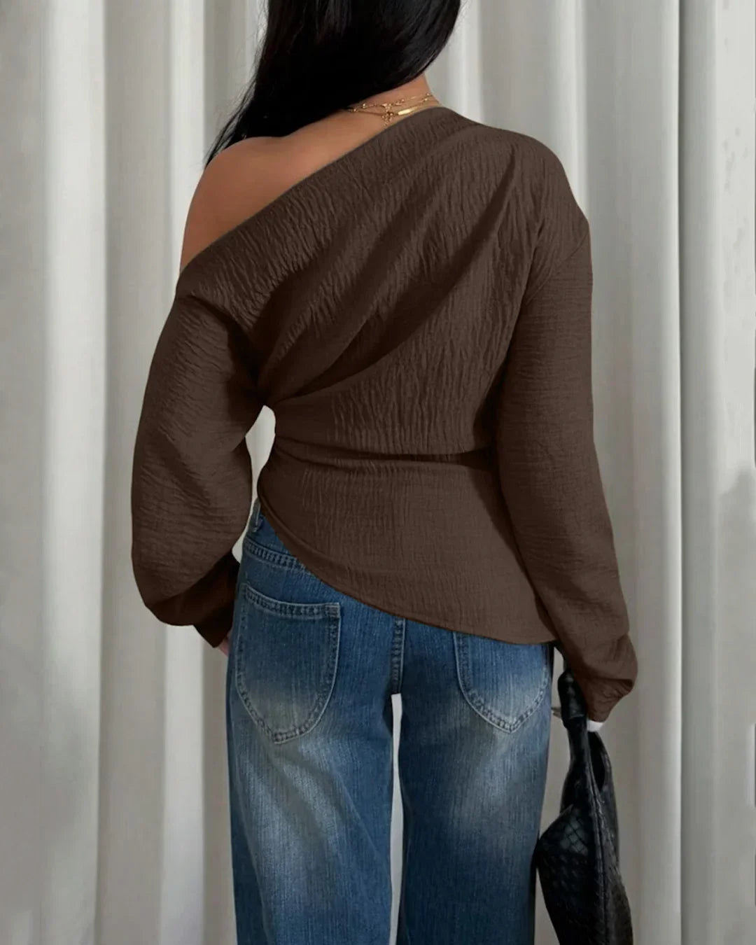 Party Off Shoulder Long Sleeve Fitted Top in Brown