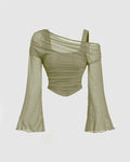Party Off Shoulder Ruched Flared Full Sleeve Top in Green