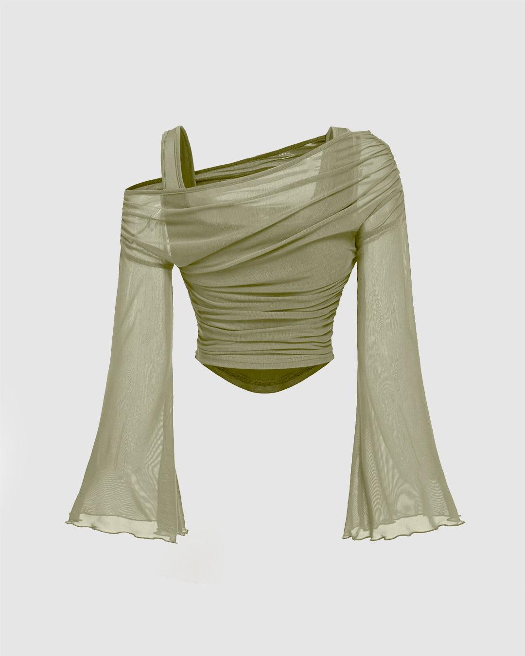 Party Off Shoulder Ruched Flared Full Sleeve Top in Green