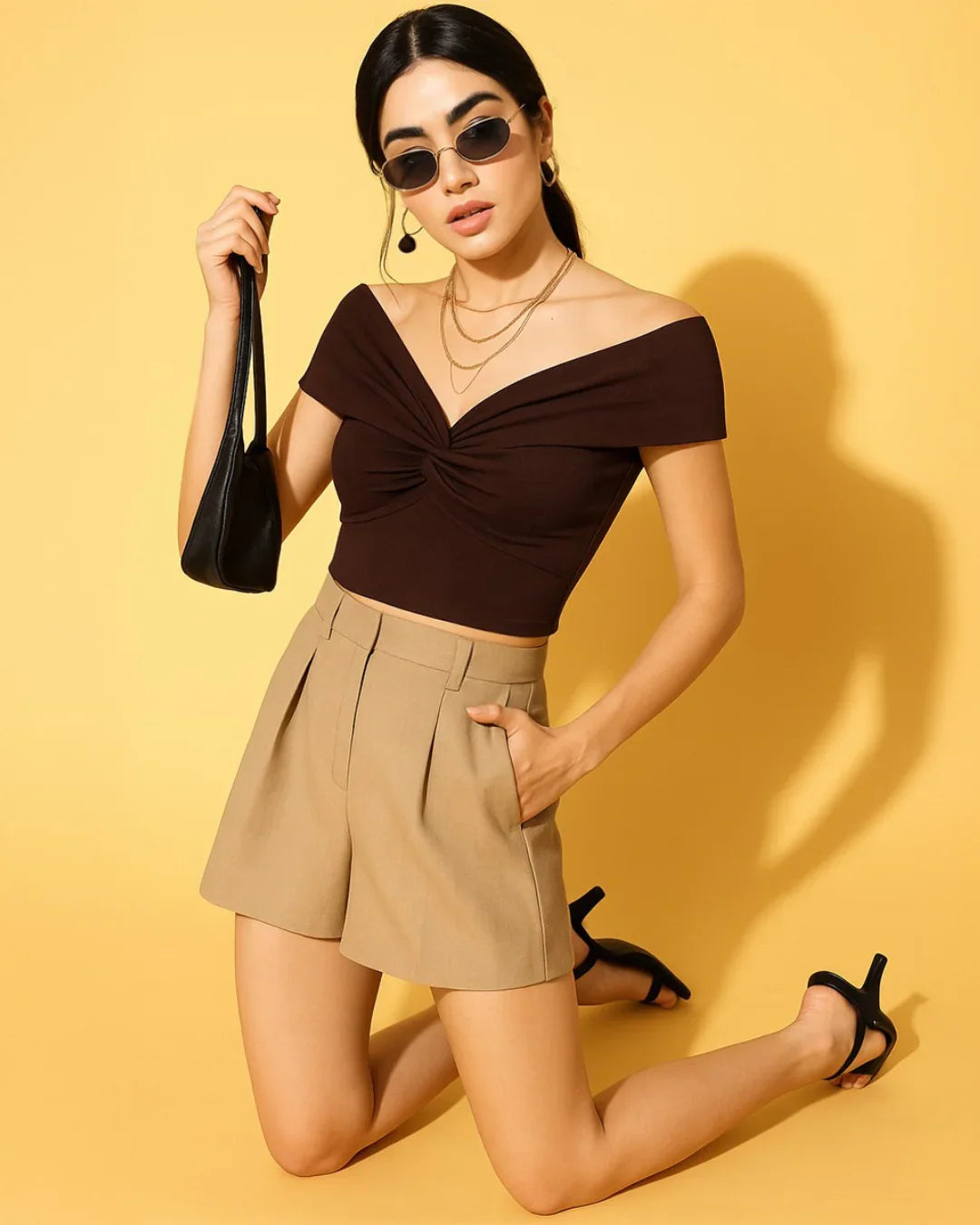 Party Off Shoulder Ruched Twist Front Top in Brown