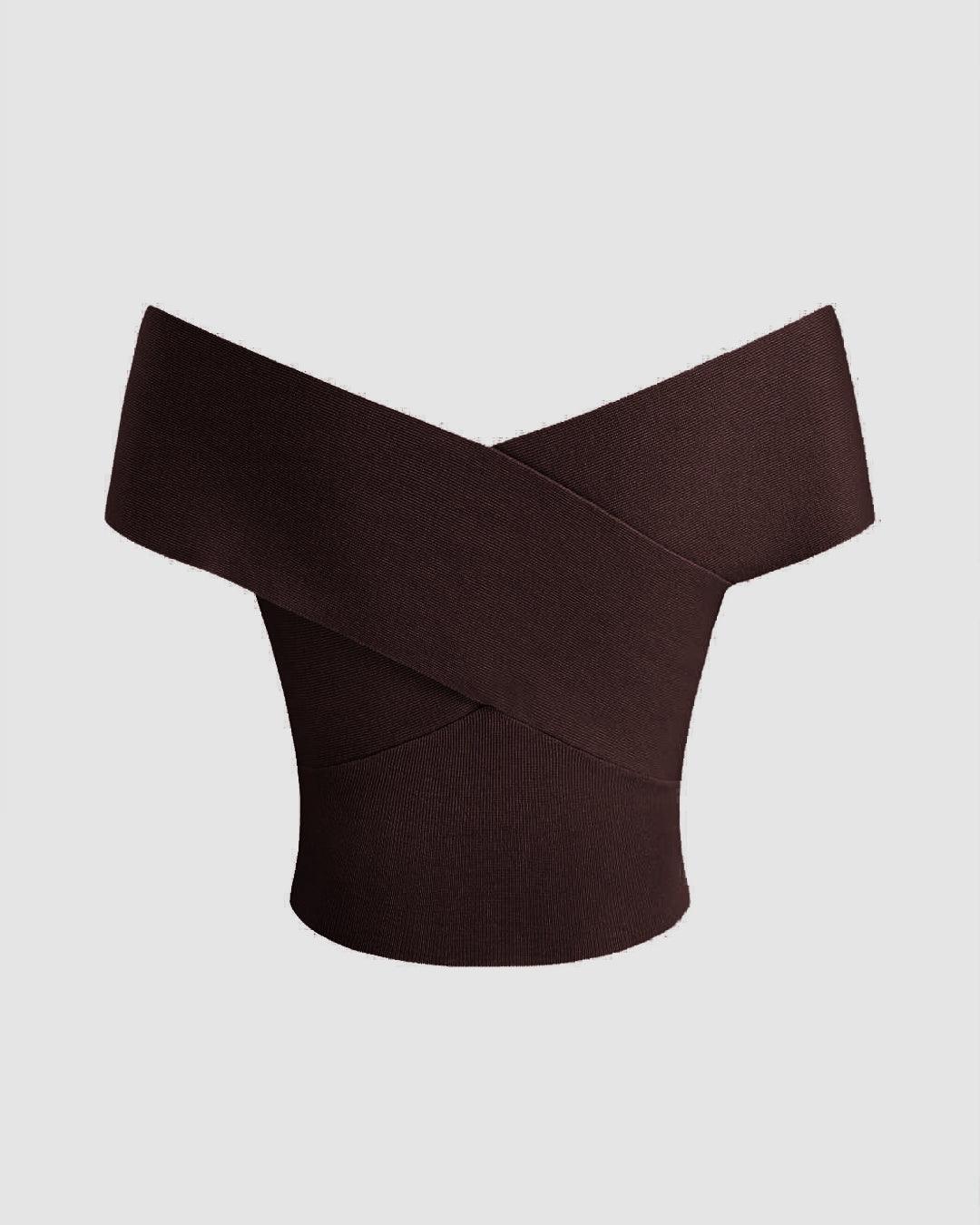Party Off Shoulder Ruched Twist Front Top in Brown