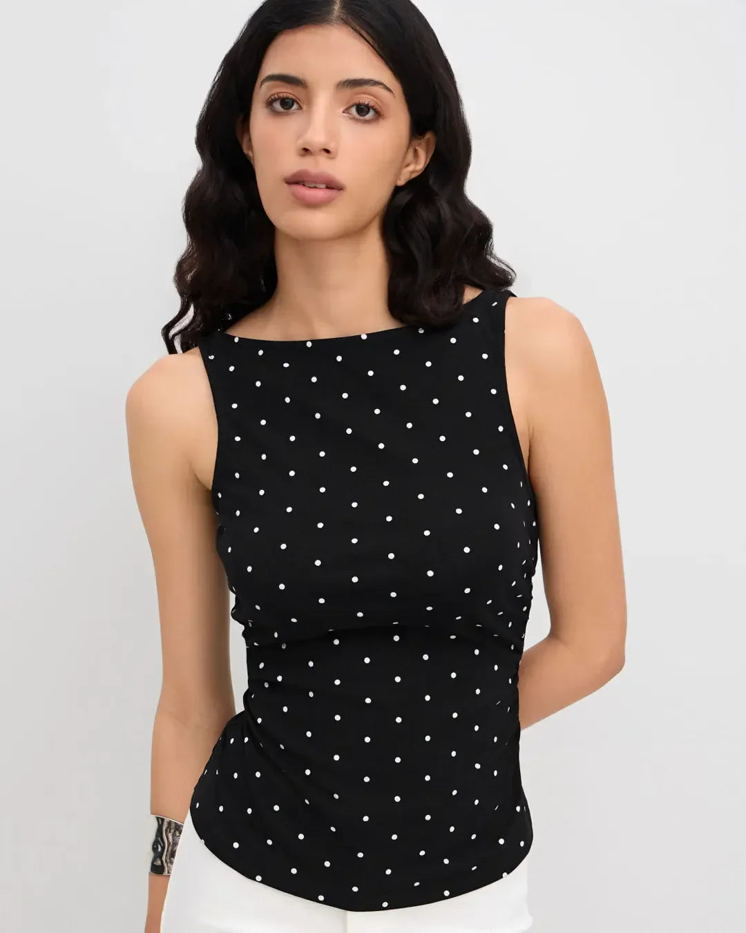 Party Polka Dot Ruched Sleeveless Top in Black