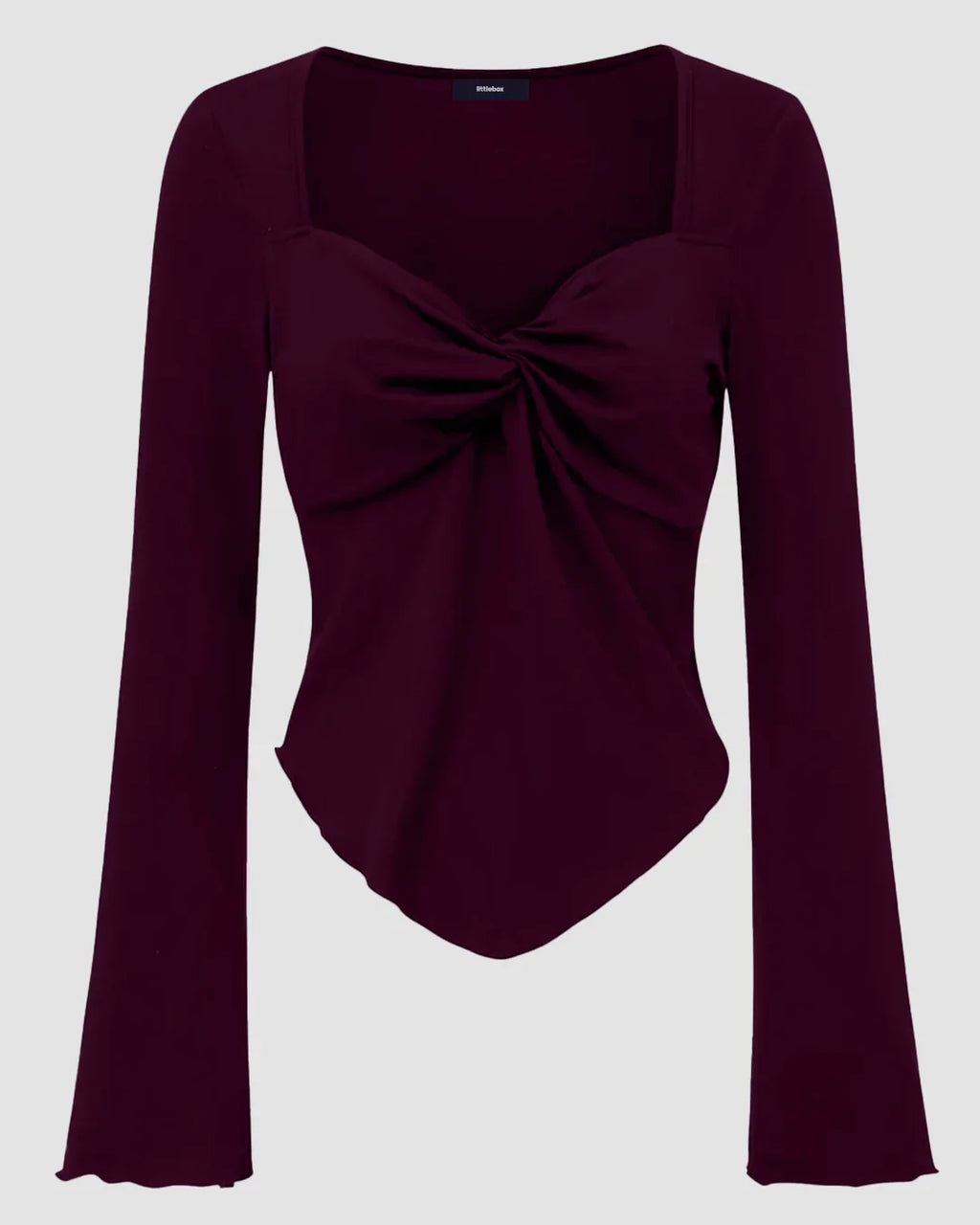 Party Ribbed Twist Front Long Sleeve Top in Maroon