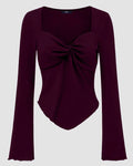 Party Ribbed Twist Front Long Sleeve Top in Maroon