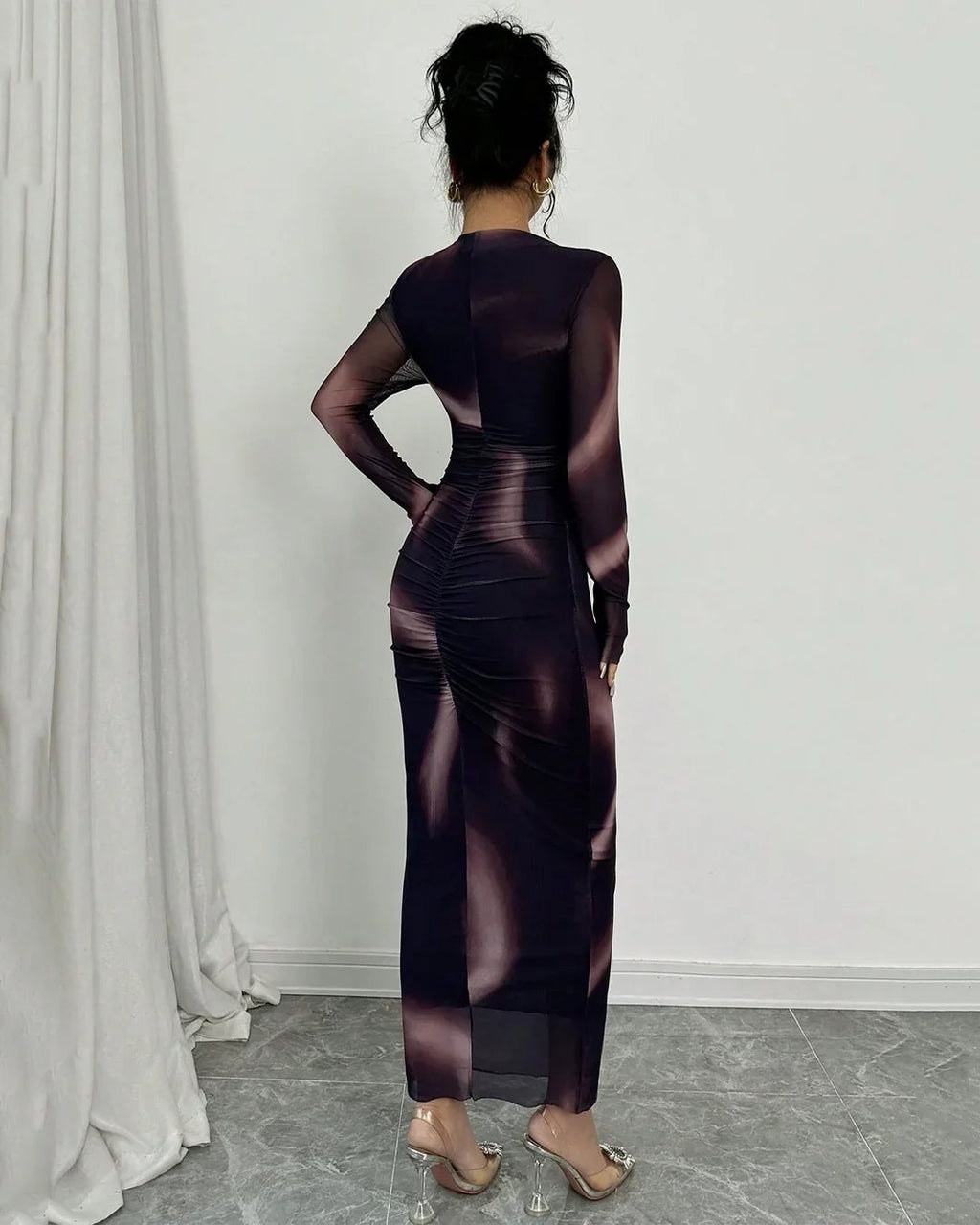 Party Round Neck Bodycon Straight Hem Mesh Maxi Dress