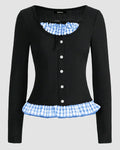 Party Round Neck Button Front Contrast Hem Top in Multi