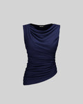 Party Round Neck Ruched Sleeveless Top in Navy Blue