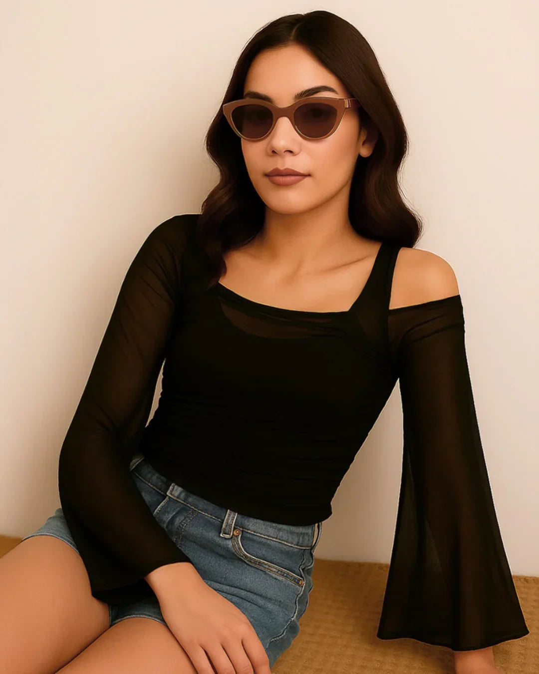 Party Ruched Off Shoulder Flared Full Sleeve Top in Black