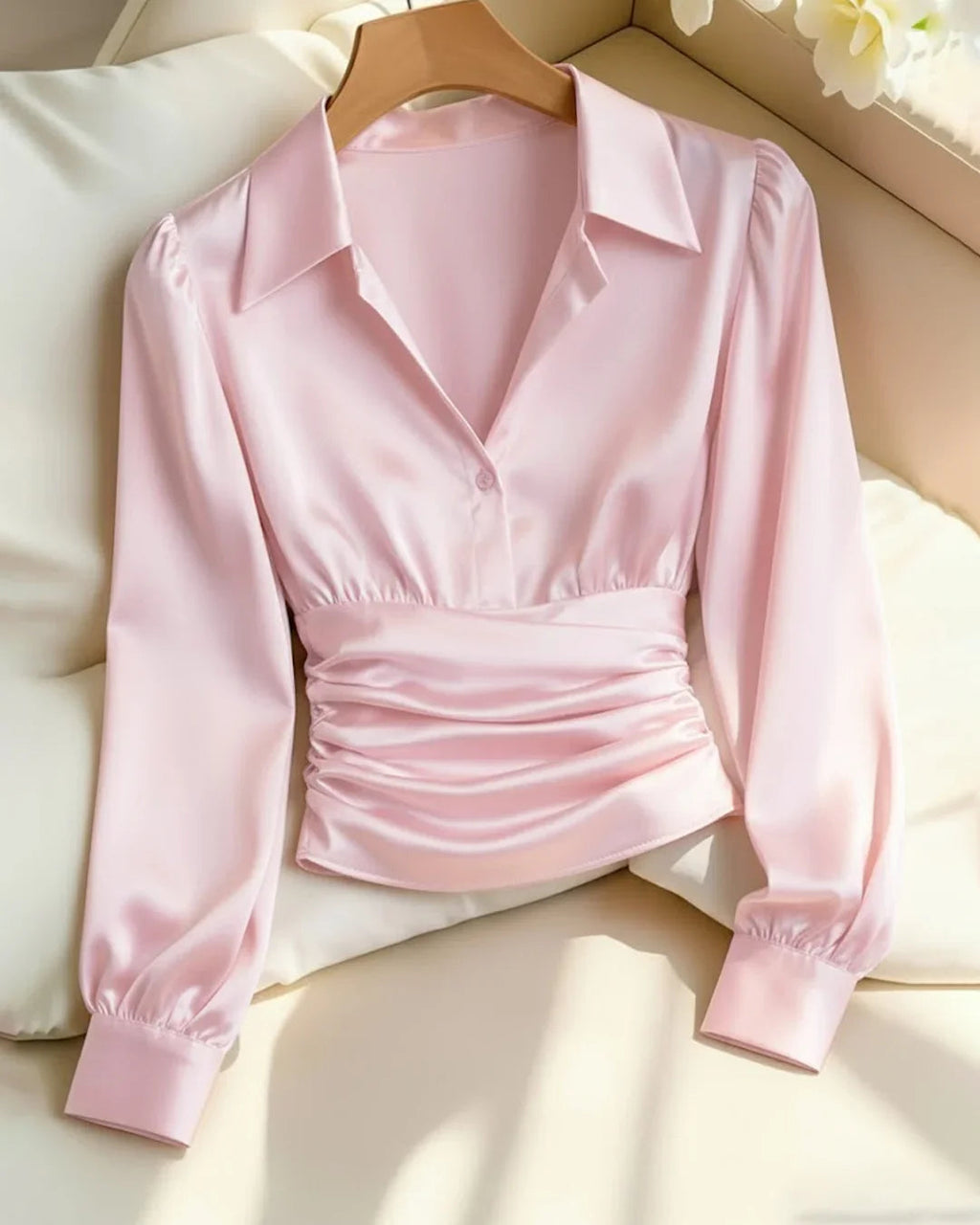 Party Ruched Satin V Neck Long Sleeve Shirt in Pink