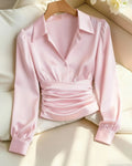 Party Ruched Satin V Neck Long Sleeve Shirt in Pink