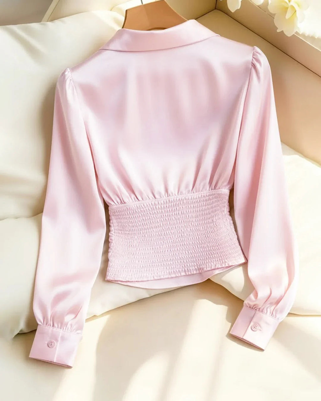 Party Ruched Satin V Neck Long Sleeve Shirt in Pink