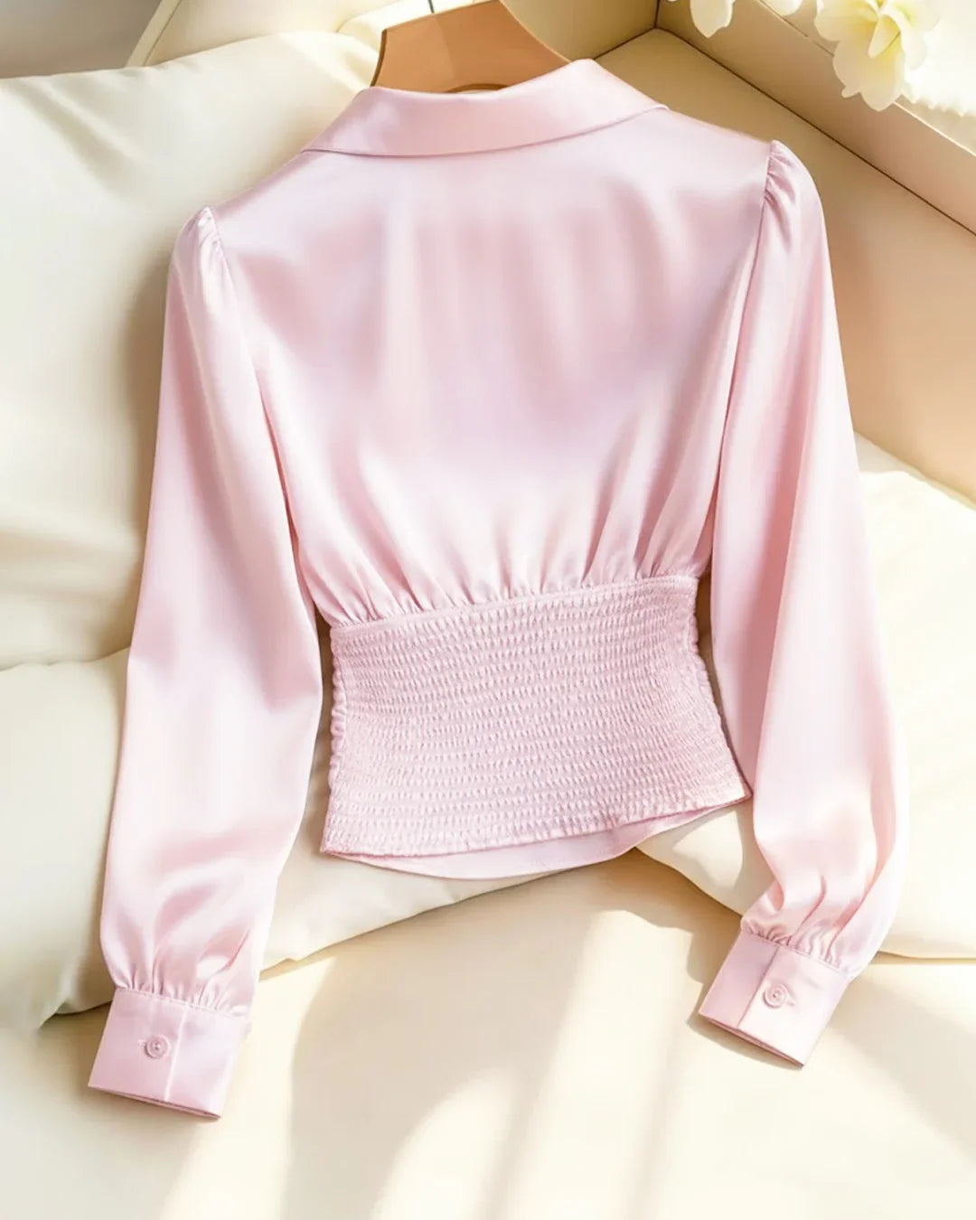 Party Ruched Satin V Neck Long Sleeve Shirt in Pink