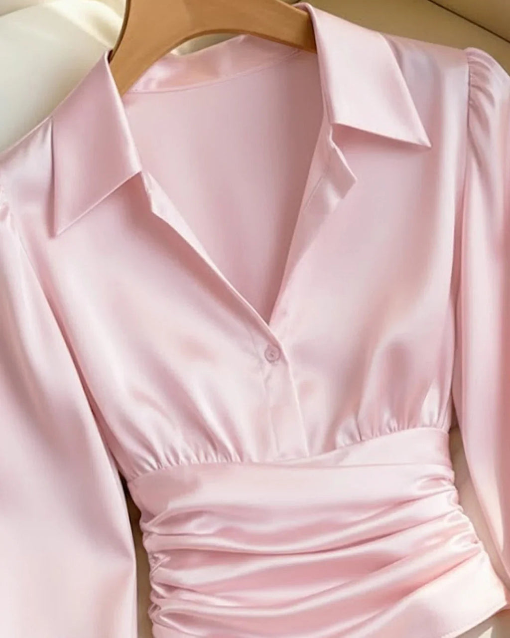 Party Ruched Satin V Neck Long Sleeve Shirt in Pink