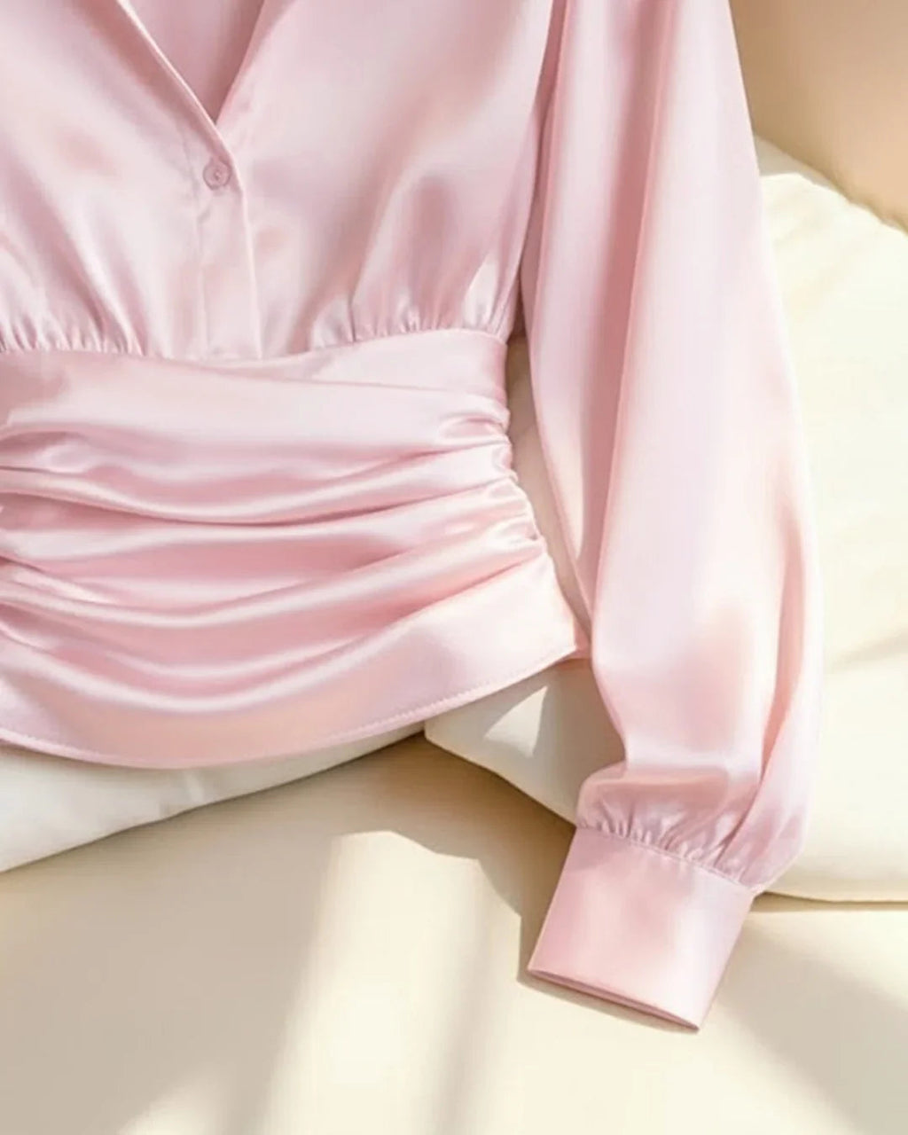 Party Ruched Satin V Neck Long Sleeve Shirt in Pink