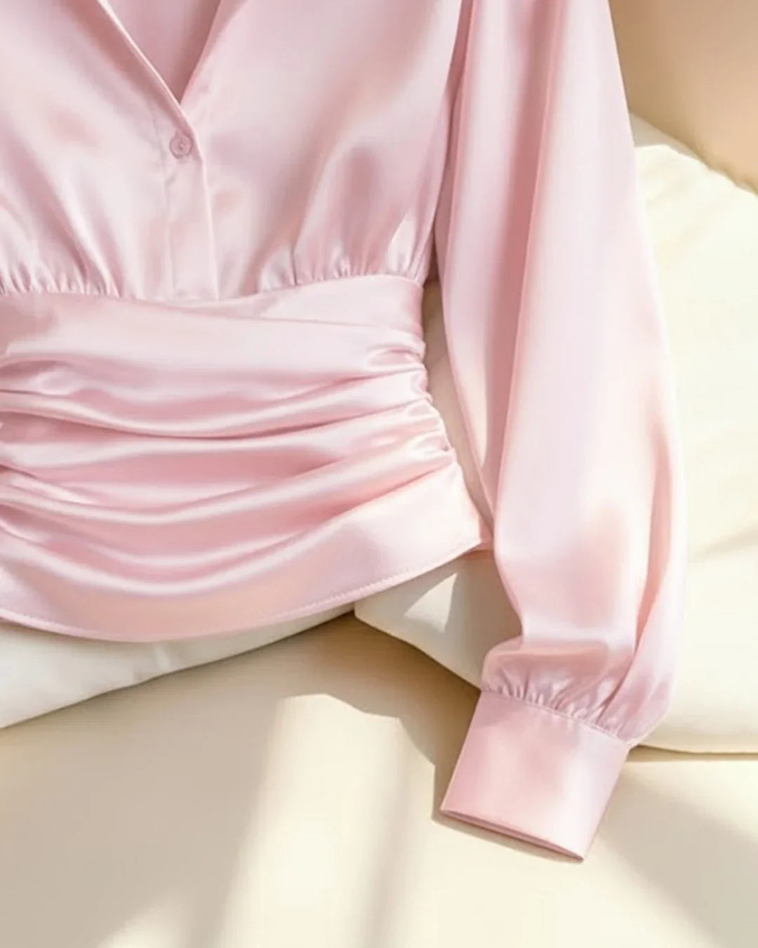 Party Ruched Satin V Neck Long Sleeve Shirt in Pink