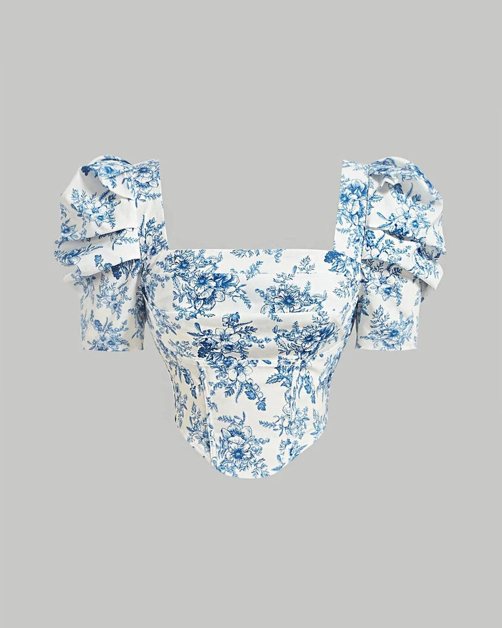 Party Square Neck Puff Sleeve Floral Crop Top in Blue and White