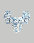Party Square Neck Puff Sleeve Floral Crop Top in Blue and White
