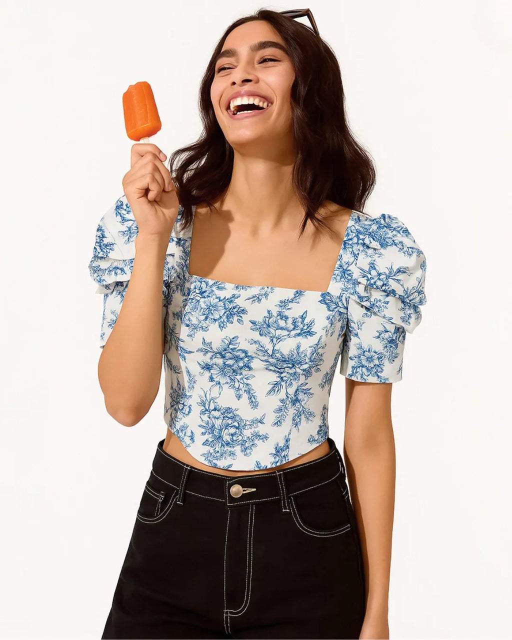 Party Square Neck Puff Sleeve Floral Crop Top in Blue and White