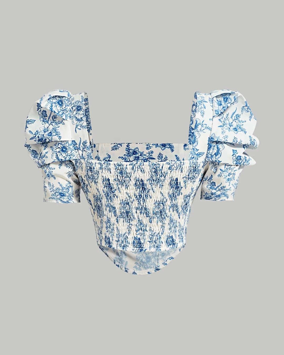 Party Square Neck Puff Sleeve Floral Crop Top in Blue and White