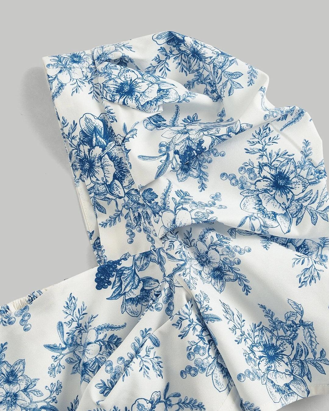 Party Square Neck Puff Sleeve Floral Crop Top in Blue and White