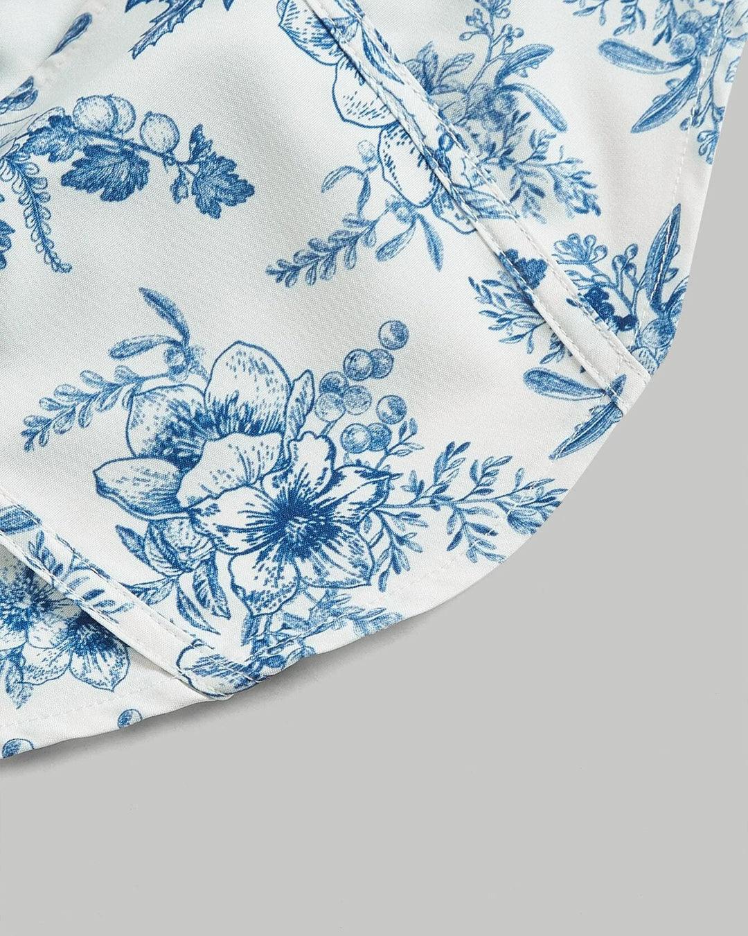 Party Square Neck Puff Sleeve Floral Crop Top in Blue and White