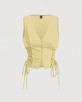 Party V Neck Button Front Cropped Tank Top in Yellow