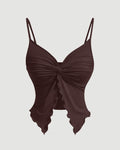 Party V Neck Ruched Sleeveless Flared Hem Top in Brown