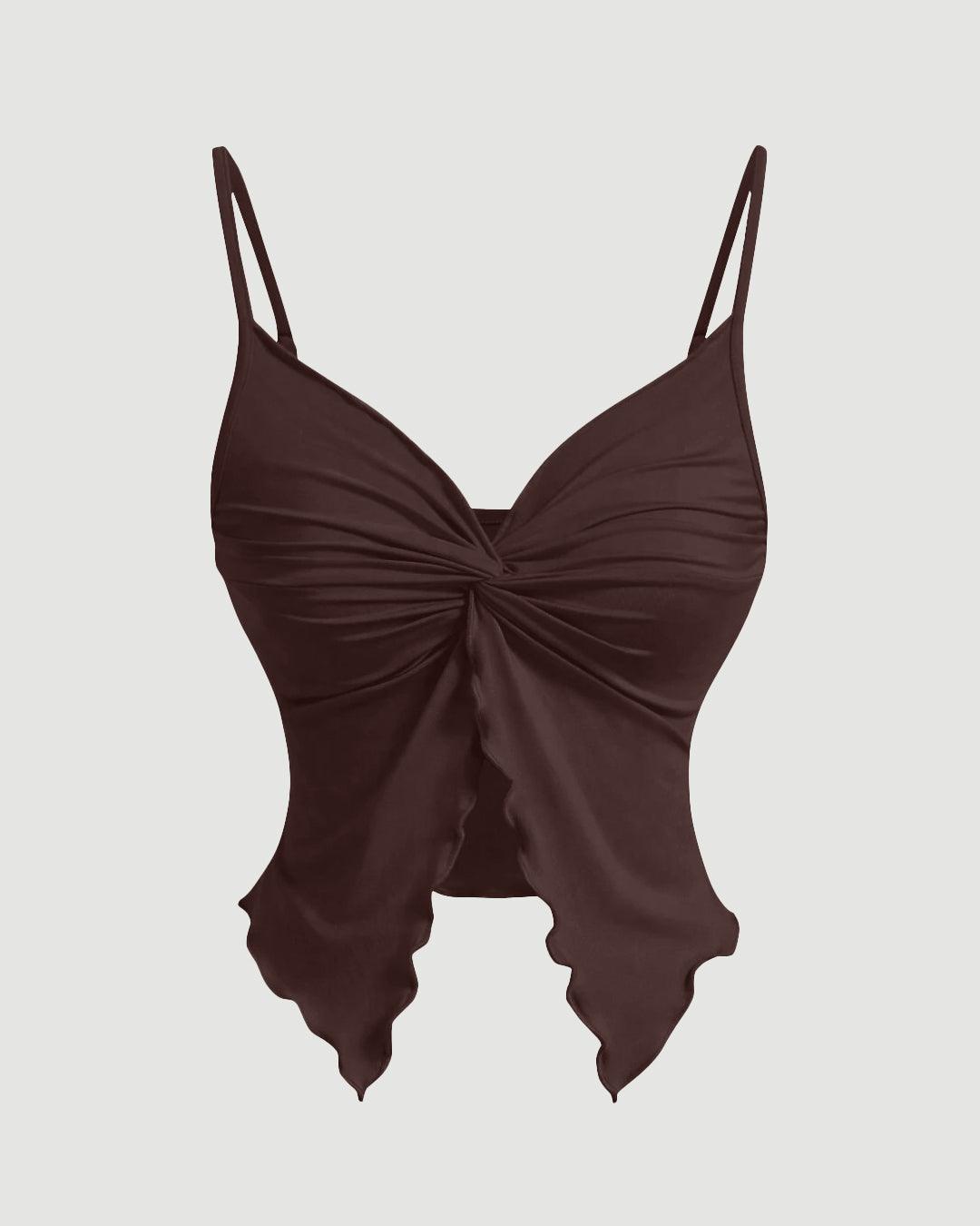 Party V Neck Ruched Sleeveless Flared Hem Top in Brown