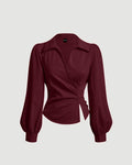 Party V Neck Wrap Style Long Sleeve Top in Maroon