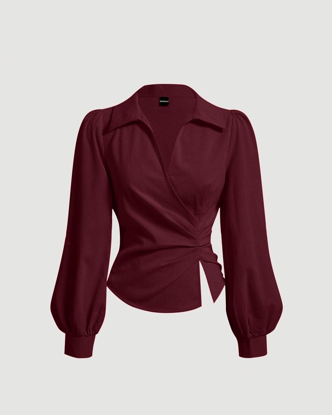 Party V Neck Wrap Style Long Sleeve Top in Maroon