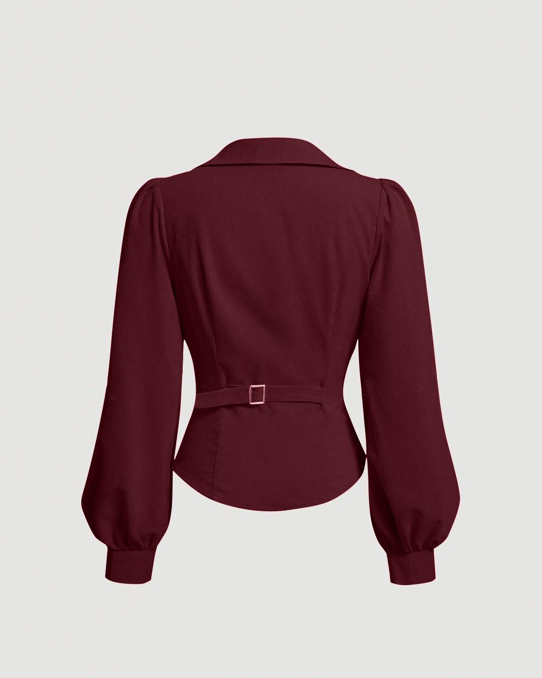 Party V Neck Wrap Style Long Sleeve Top in Maroon