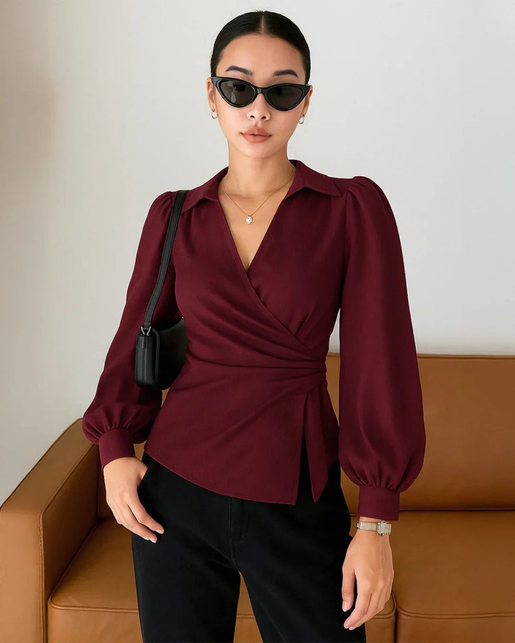 Party V Neck Wrap Style Long Sleeve Top in Maroon