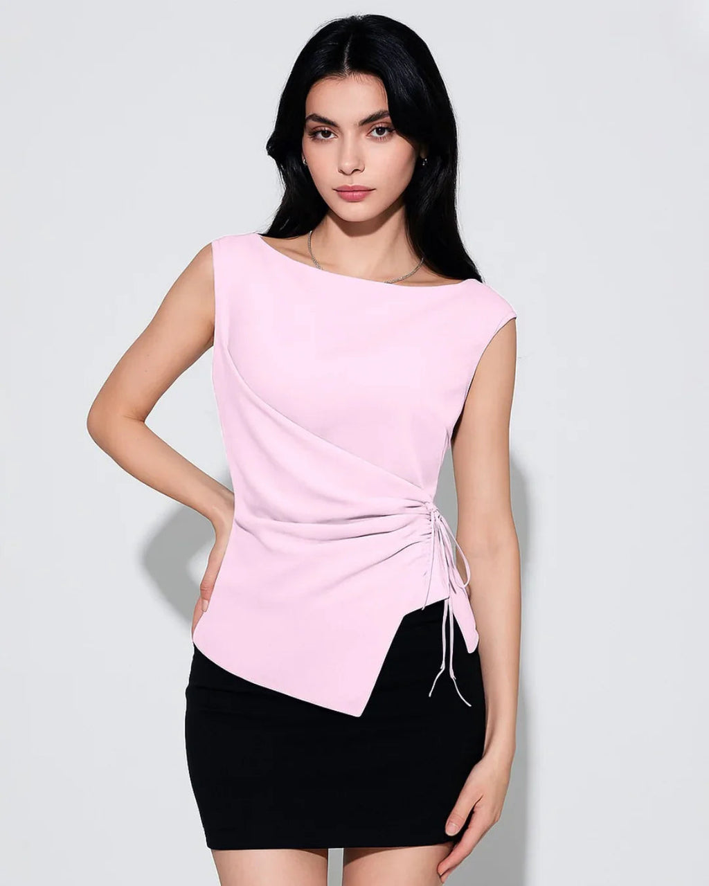 Pink Asymmetrical Ruched Side Tie Sleeveless Top