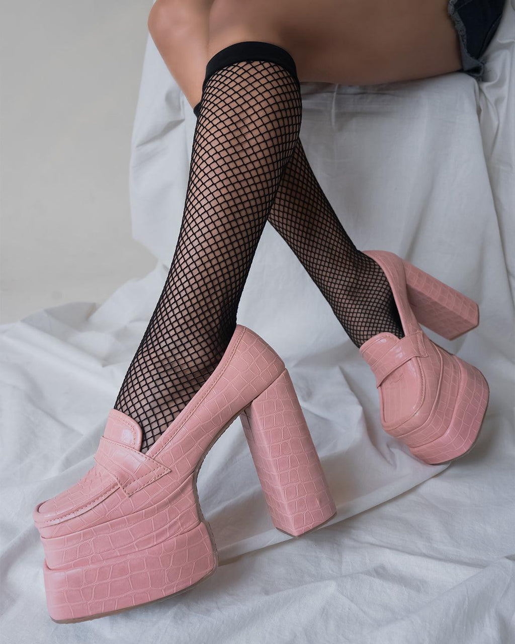 Pink Croc Textured Platform Loafers