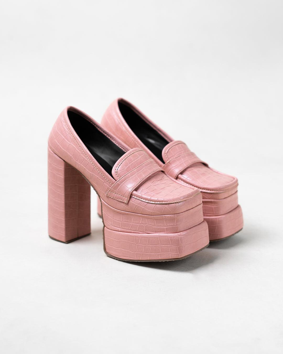 Pink Croc Textured Platform Loafers