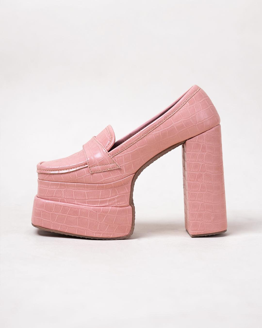 Pink Croc Textured Platform Loafers
