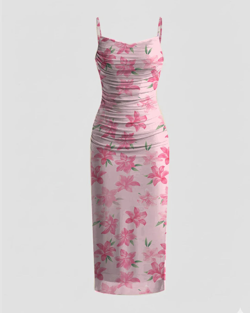 Pink Floral Ruched Body Fit with Spaghetti Straps Midi Dress