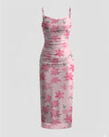 Pink Floral Ruched Body Fit with Spaghetti Straps Midi Dress