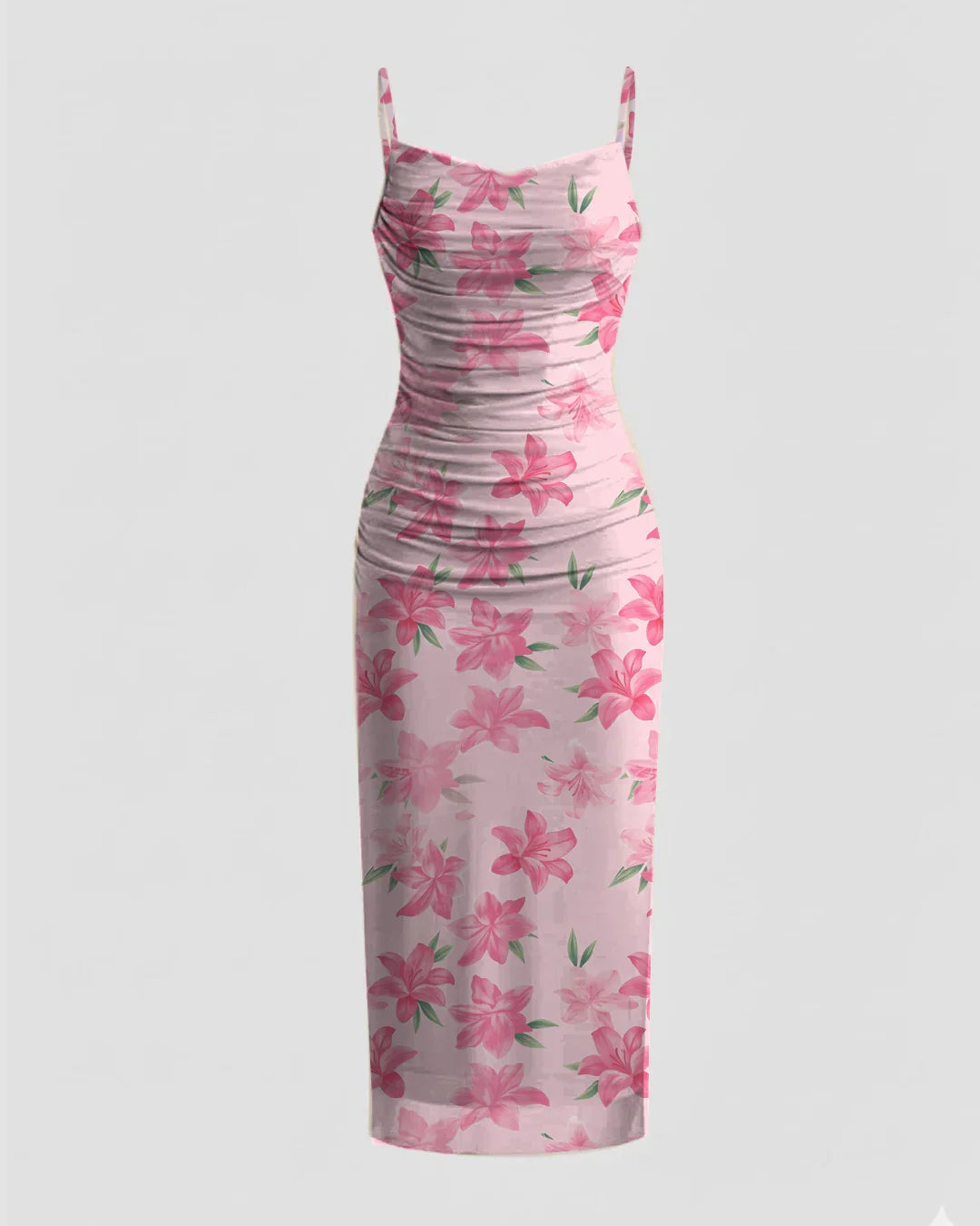 Pink Floral Ruched Body Fit with Spaghetti Straps Midi Dress