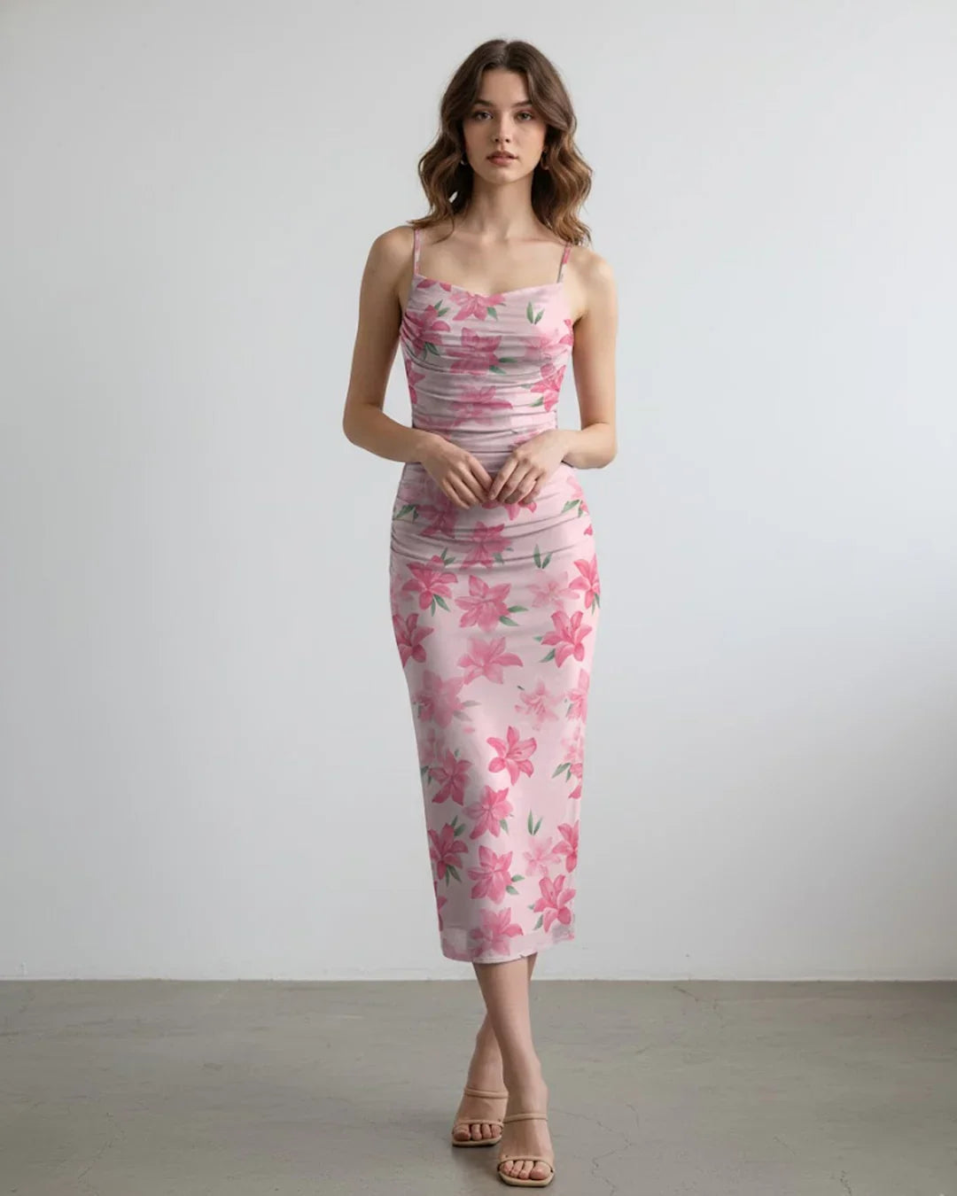 Pink Floral Ruched Body Fit with Spaghetti Straps Midi Dress