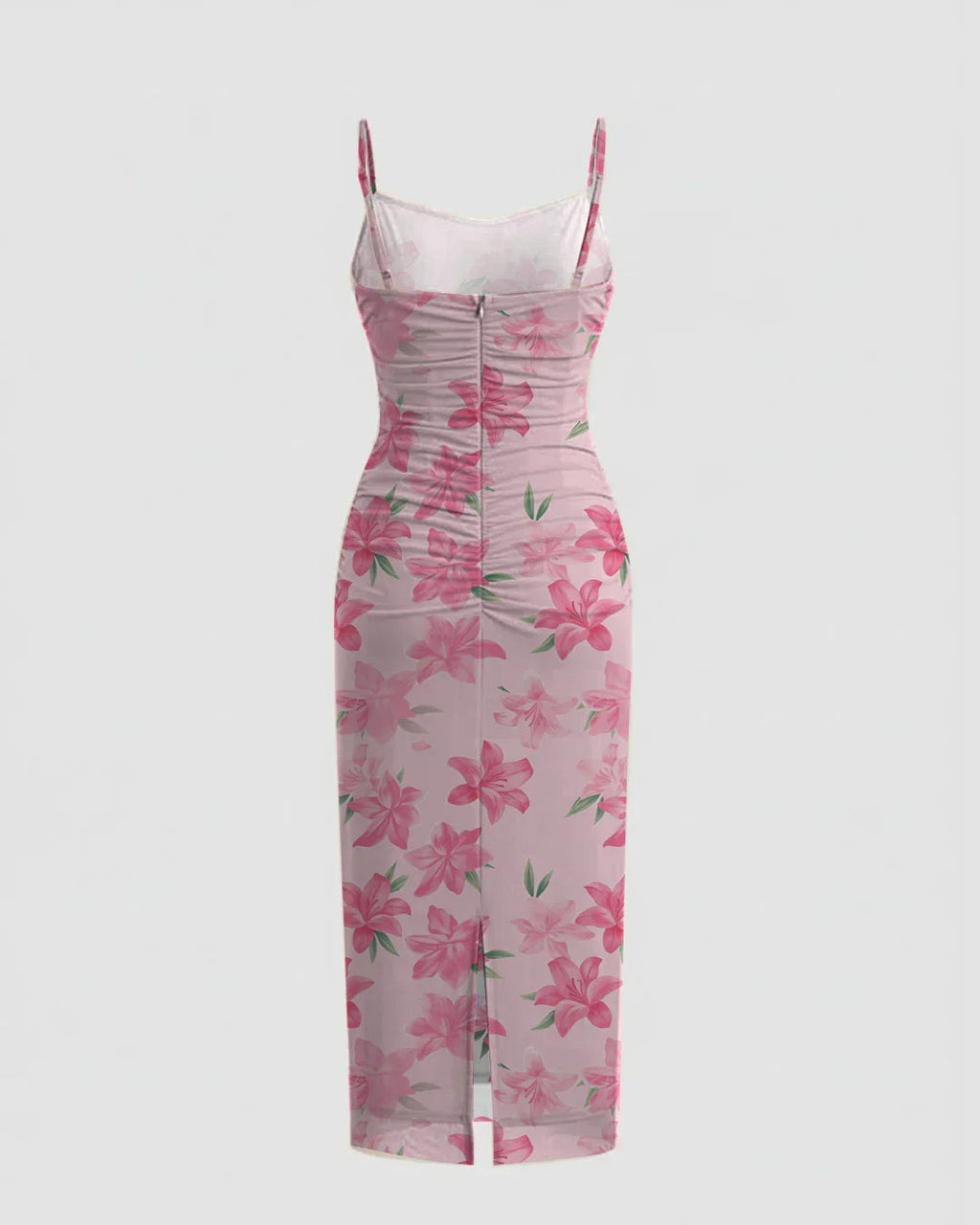 Pink Floral Ruched Body Fit with Spaghetti Straps Midi Dress