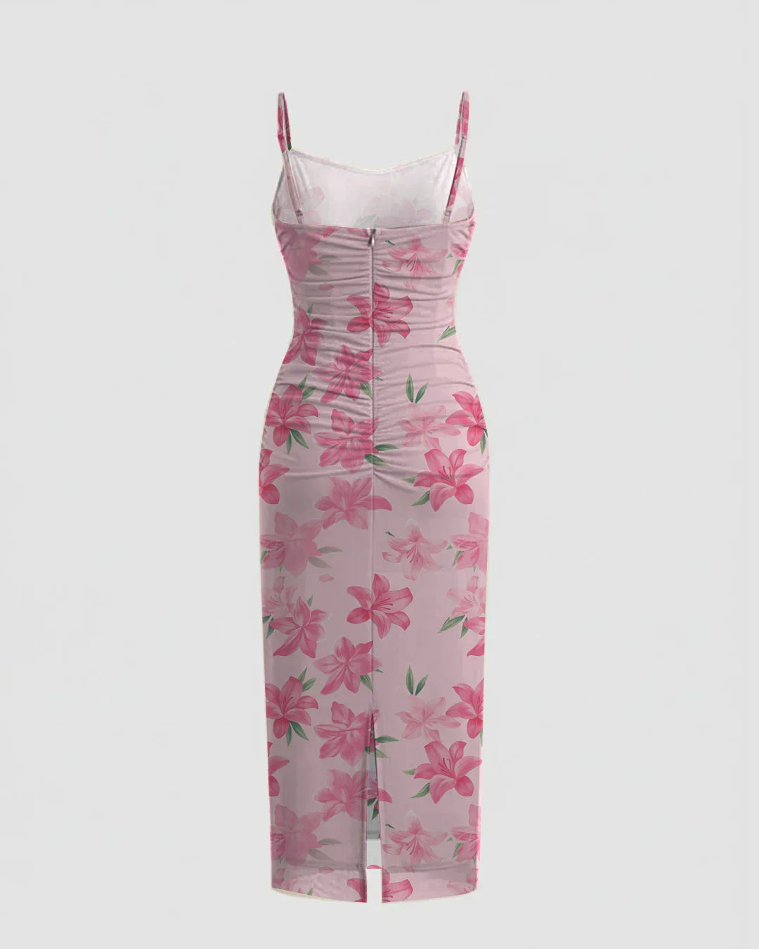 Pink Floral Ruched Body Fit with Spaghetti Straps Midi Dress