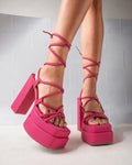 Pink Platform Heels with Lace Up Chunky Heel Design