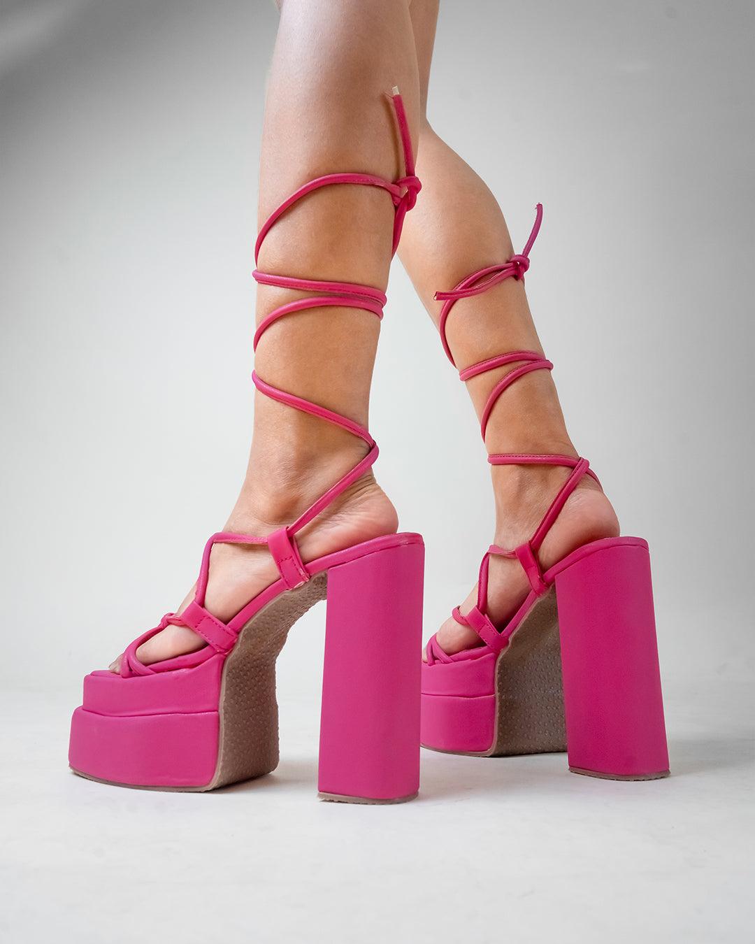 Pink Platform Heels with Lace Up Chunky Heel Design