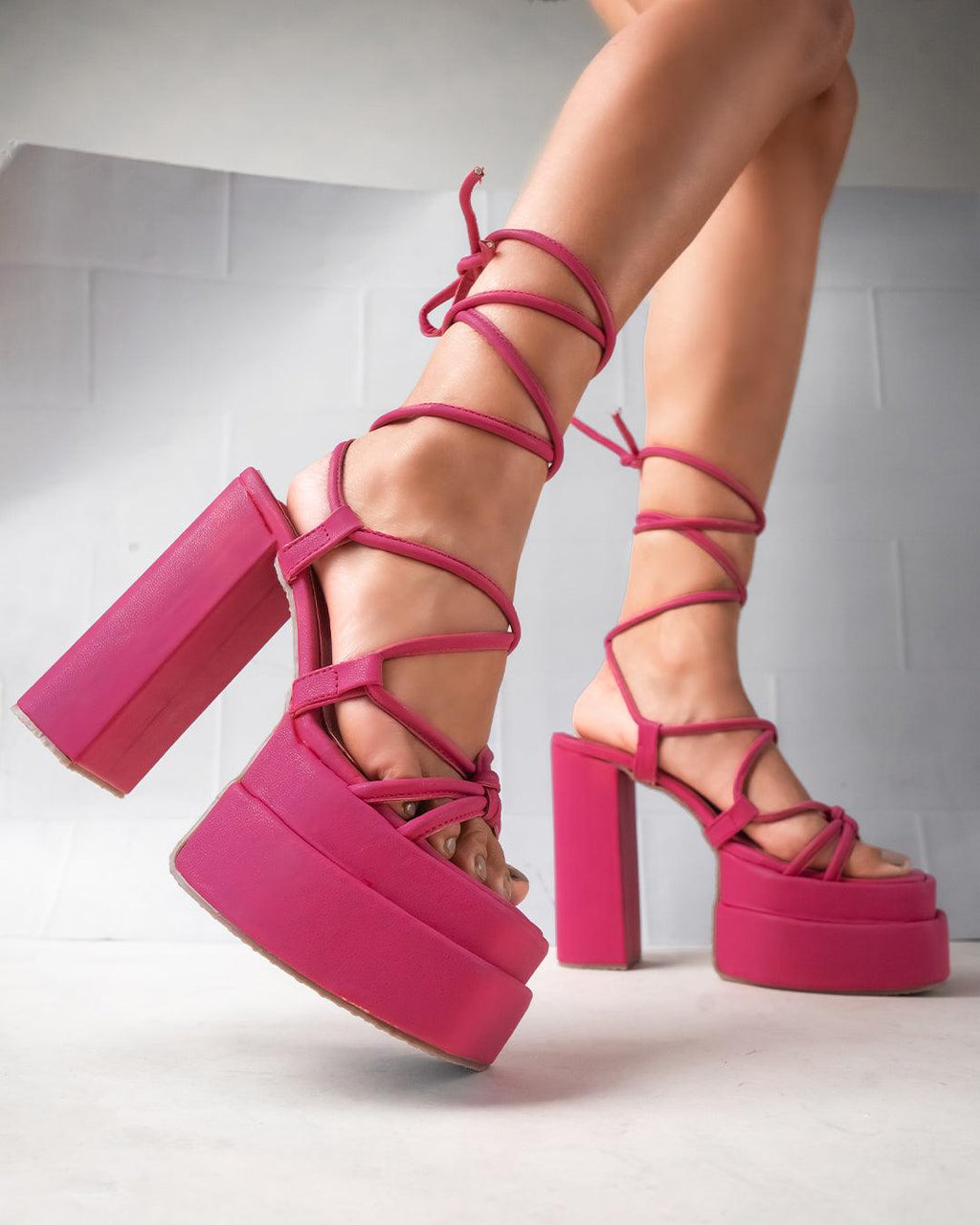 Pink Platform Heels with Lace Up Chunky Heel Design