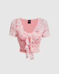 Pink Romantic Printed Lettuce Trim Tie Front Crop Top